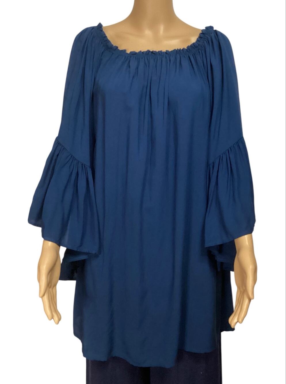 Black Bead USA Navy Blue Blouse Tunic Peasant Top Ruffle Bell Sleeve Boho size M